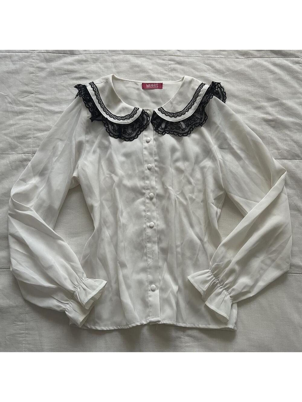 MA*RS Ivory White Blouse Black Lace Peter Pan Collar Ruffle Bow Long Sleeve S